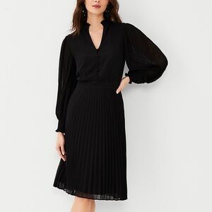 Ann Taylor Classic Black Long Sleeve Pleated Dress
